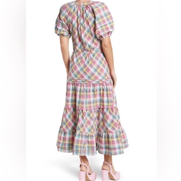 Betsey Johnson Pink Plaid Midi Dress Puff Sleeve Size M - Picture 2 of 15